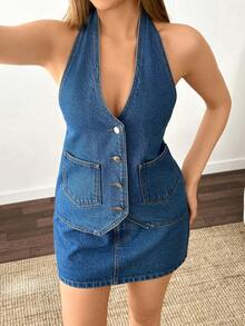 EURMUSE Top & Skirt Two Pieces Denim Set - Medium Wash - View 3