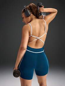 Powerista Mono deportivo de talla grande para mujer con contraste de ribete y espalda cruzada sin espalda para el verano - Azul - Ver 3