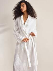 Ocili Cotton Embroidered Lace Double-Layer Crinkle Cotton Soft & Comfortable Robe With Frill Trim For Women - White - View 2