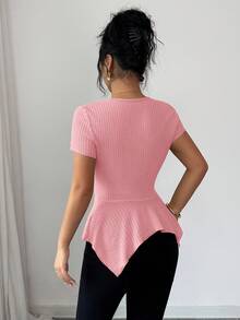 SHEIN Elenzya 女士华夫格针织V领短袖荷叶边下摆不对称下摆优雅浪漫通勤T恤，春夏款 - 粉色 - 查看 2