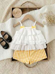 Babygirl Summer Cute Vacation Ruffle Camisole Top And Plaid Shorts Set - Yellow - View 9