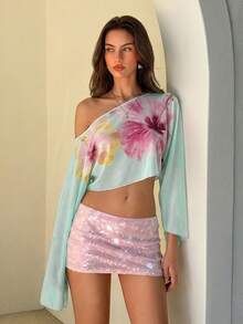 Aloruh 女士优雅露肩单斜肩印花薄纱喇叭袖沙滩度假T恤 - 綠色 - 查看 2