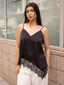 Andrea Bello 女士时尚蕾丝拼接不对称下摆黑色吊带背心，缎面蕾丝饰边，性感百搭，情人节必备 - 黑色 - 查看 4