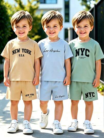3pcs/Set Kids Summer Casual Outfit, Young Boy Letter Print Round Neck Short Sleeve T-Shirt And Shorts 2-Piece Set, High Cost-Effective Multi-Pack Suitable For Outdoor Play, Street Photography, Party, Home Leisure