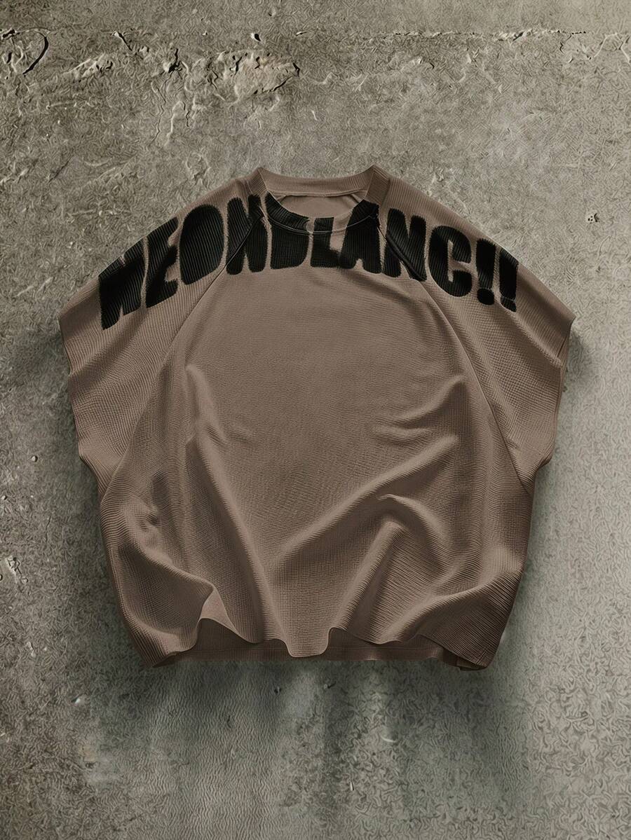 NEON BLANC Men's Street Fashion White Knit Crew Neck Letter Print Knit Tank Top, Suitable For Summer - Coffee Brown - View 1