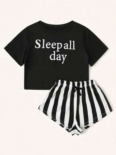 Chillnights Letter & Stripe Print PJ Set / Pajama Set Holiday Season