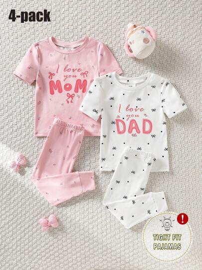 Bộ đồ ngủ 4 món cho bé gái, cổ tròn, tay ngắn, màu trắng và hồng họa tiết bướm và hoa nhí, kiểu dáng tối giản dễ thương, thoải mái, ôm sát, thích hợp cho mùa hè.