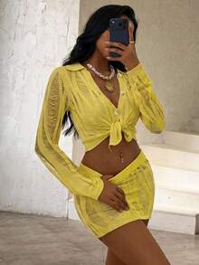 SHEIN Glamour Bộ đồ đi biển mới năm 2026 dành cho nữ, bộ đồ thường ngày cho kỳ nghỉ hè, gồm chân váy ôm sát gợi cảm khoét eo và áo tay dài. - Màu vàng - Xem 3