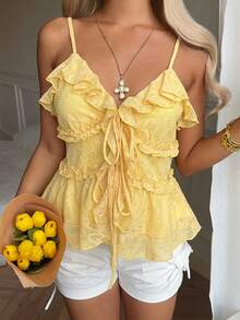 CovetEZ Áo camisole nữ màu vàng kiểu dáng thường ngày, có bèo nhún, buộc dây phía trước. - Màu vàng - Xem 4