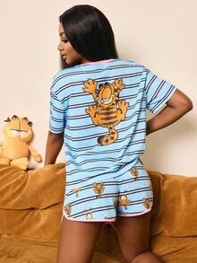 GARFIELD | SHEIN 女士卡通印花短袖T恤和短裤睡衣套装 - 藍色 - 查看 1