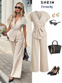 SHEIN Frenchy 女士深V领扭腰不对称下摆短袖上衣搭配阔腿裤，度假通勤两相宜 - 杏色 - 查看 7
