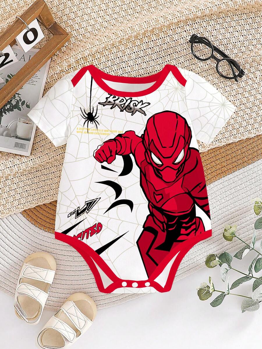 Baby Boys Summer New Cute Graphic Print Short Sleeve Bodysuit - White - View 1