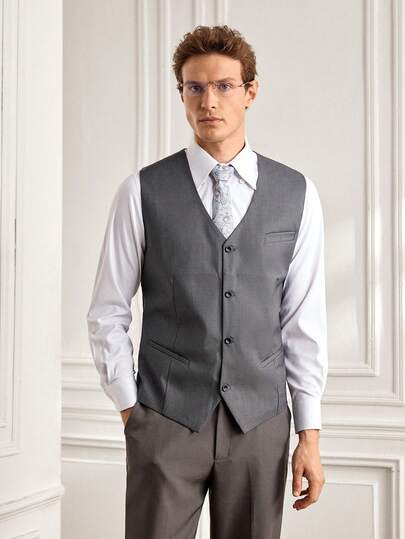 Officeau Men's Single Breasted Grey Suit Vest Slim Fit Formal Business Waistcoat Office Wedding Vest