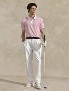 Courvante Men Quarter Zip Contrast Collar Tee, Short Sleeve Light Pink, For Golf Tennis, Business Commute & Boyfriend - Baby Pink - View 8