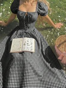Skyraze Vestido con mangas de pétalo, cinturón de lazo y estampado de cuadros rojos y blancos - Negro - Ver 4