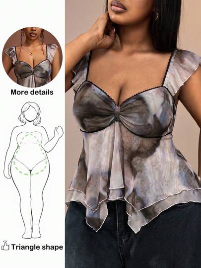 Truni 大码女士扎染不对称下摆上衣，适合梨形和三角形身材，性感透视上衣，女士透视衬衫，雪纺衬衫，大码雪纺衬衫