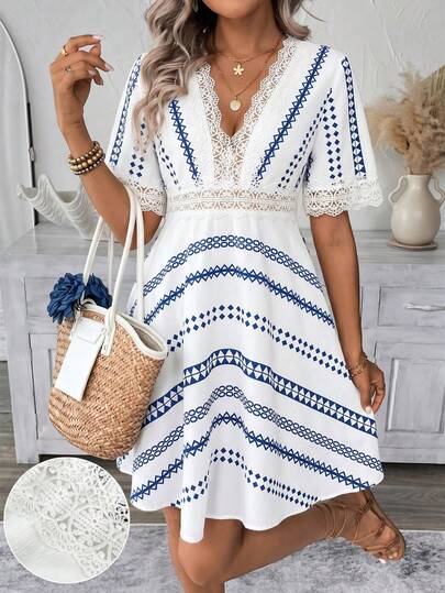 EMERY ROSE Women's Striped V-Neck Geometric Pattern Casual Vacation Short Sleeve Dress, Short A-Line Dress, Summer Clothing, Women's Summer Dress, Women's Vacation Dress, Women's Elegant Summer Dress