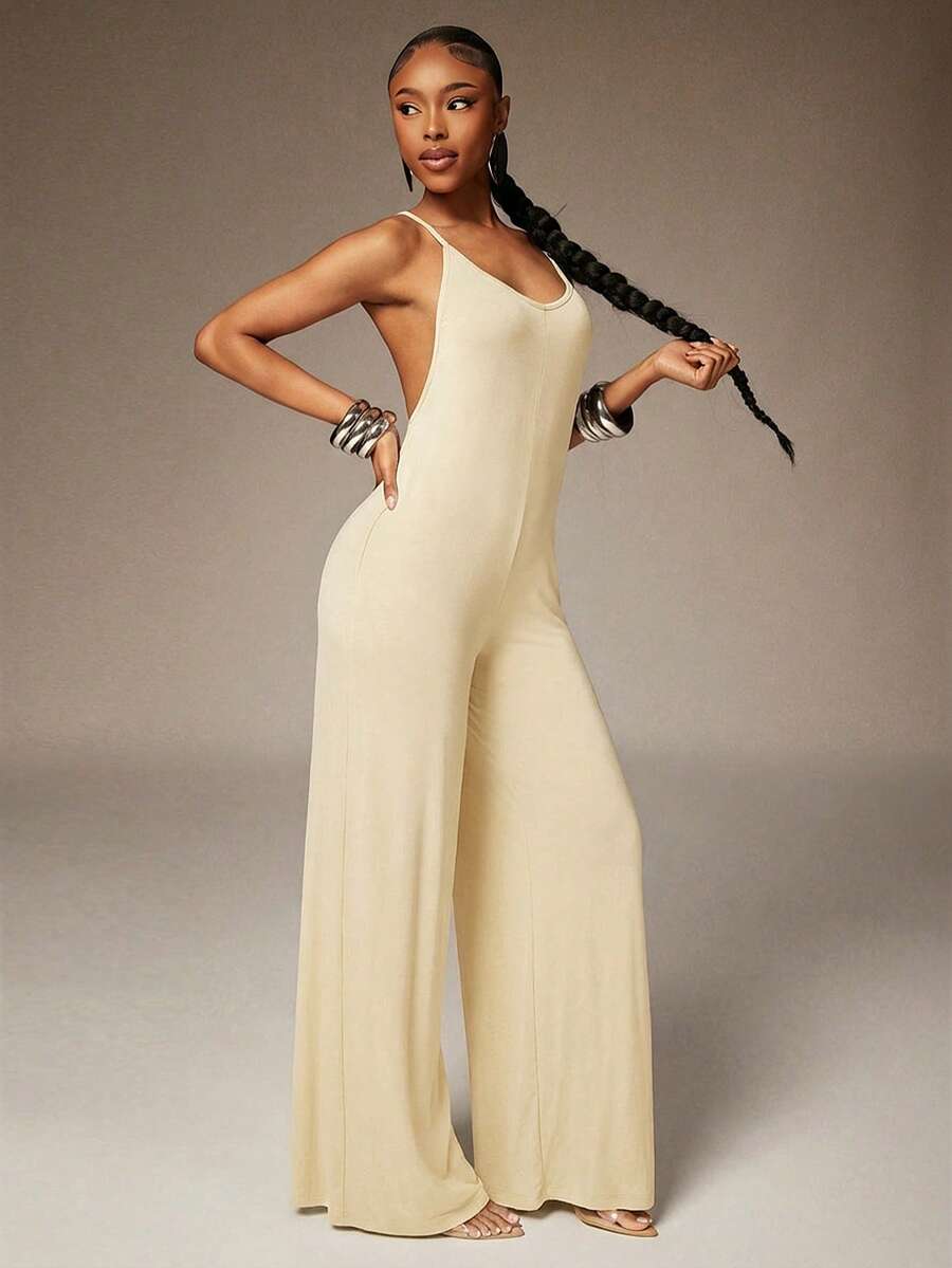Denimoi Open Back Wide Leg Jumpsuit Sexy Jumpsuits X-Back Jumpsuits Vacation Ibiza European Summer - Apricot - View 1