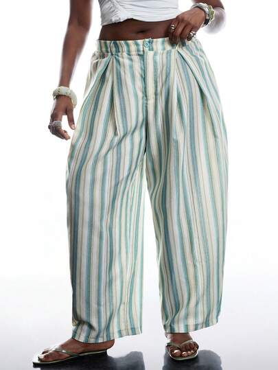 LYSMO Colorful Striped Comfortable Cotton Blend Curved Hem Casual Vacation Wide Leg Pants, Plus Size