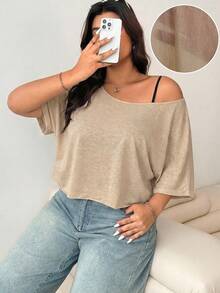 Solflare Áo thun kaki mùa hè dáng rộng cỡ lớn - Màu Khaki - Xem 1
