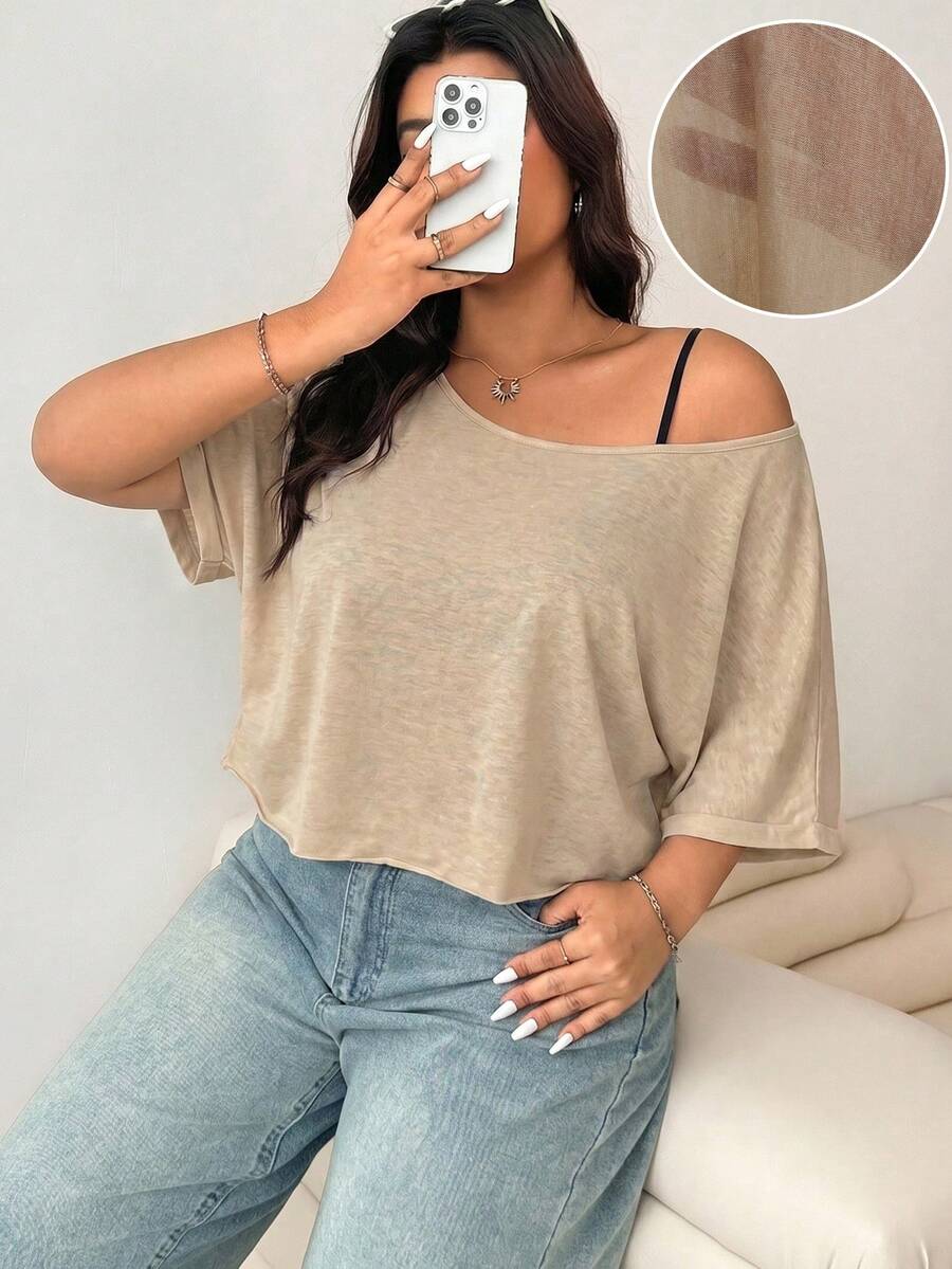 Solflare Áo thun kaki mùa hè dáng rộng cỡ lớn - Màu Khaki - Xem 1