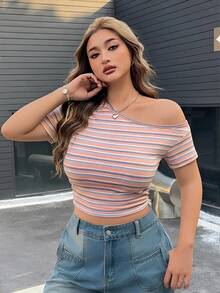 SHEIN EZwear Striped Colorful Asymmetrical Shoulder Short Sleeve Plus Size T-Shirt - Baby Pink - View 6