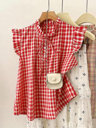 Franclia Blusa holgada de verano con volantes, cuello de lazo y estampado de cuadros rojos vintage en talla grande con estilo Y2K y preppy