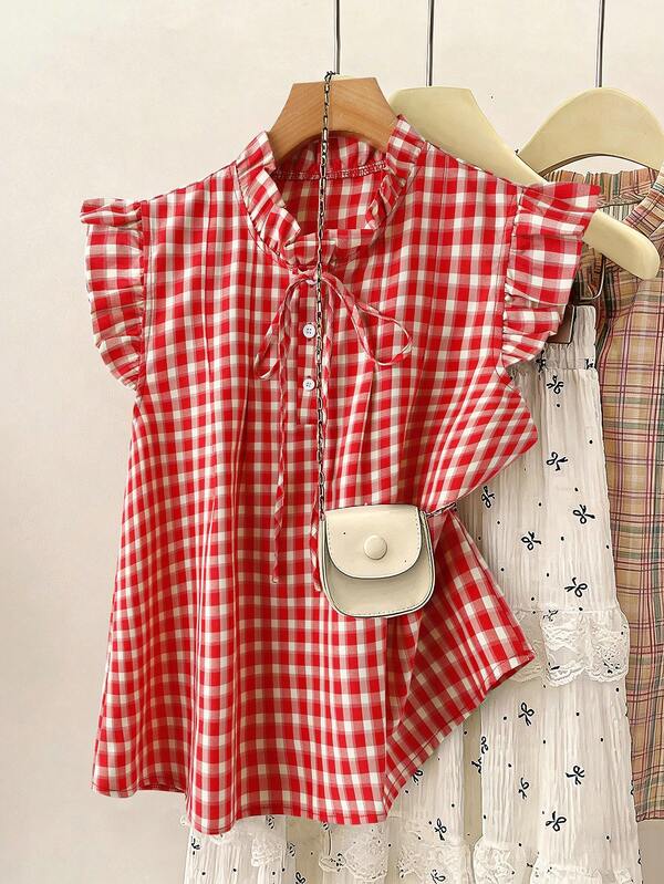 Franclia Blusa holgada de verano con volantes, cuello de lazo y estampado de cuadros rojos vintage en talla grande con estilo Y2K y preppy