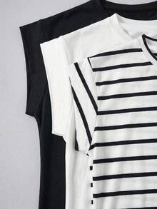SHEIN LUNE 大尺碼休閒百搭寬版女款T恤上衣，適合夏季返校穿搭、海灘、約會之夜、辦公室，母親節禮物，黑白色 - 彩色 - 查看 7