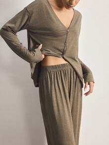 Ocili Minimalist Comfortable Collarless Soft Pajama Set For Women - Mocha Brown - View 7