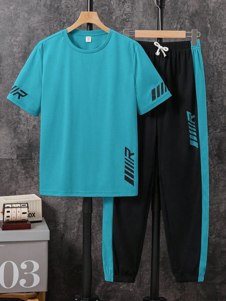 SHEIN 2件套青少年男童/青少年男童休闲日常舒适印花圆领宽松短袖T恤和印花撞色直筒针织裤套装 - 綠色 - 查看 1