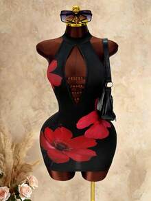 Mistrie Vestido mini ajustado con cuello halter y diseño floral calado en rojo, vestido de verano sexy para vacaciones - Negro - Ver 4