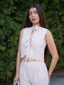 Andrea Bello 女装夏季肌肉简约日常老款风亚麻系带两件套，系带两件套，贝壳边饰无袖上衣和裤子套装，系带前教师装工作女装连衣裙两件套 - 杏色 - 查看 3