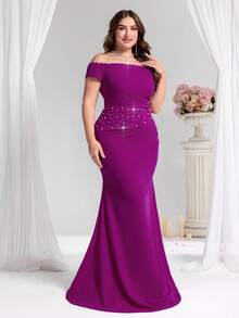 Coutiva Plus Size Women's Off Shoulder Pearl Accent Fitted Mermaid Formal Evening Dress, Party Dress, Gown, For Wedding Guest - Hot Pink - View 8