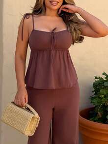 棕色编织亚麻背心和裤子套装 - 棕色 - 查看 6