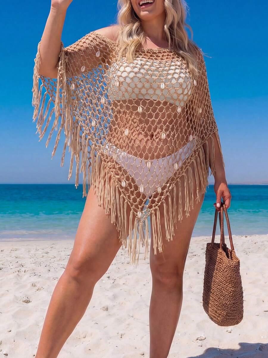 Swim Vcay Capa de talla grande con flecos de borla de concha hueca, estilo de vacaciones - Caqui - Ver 1