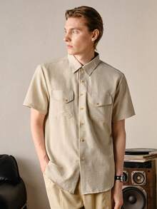 VeloEdit Boxy FitManfinity Nomadique Men's Short Sleeve Shirt Summer Shirt Beach Wear Solid Color Casual Vacation Short Sleeve Shirt Collar Summer Spring Clothing Apparel,Apricot, Men Old Money, Boyfriend/Husband Gift, Father's Day For Father - Apricot - View 4