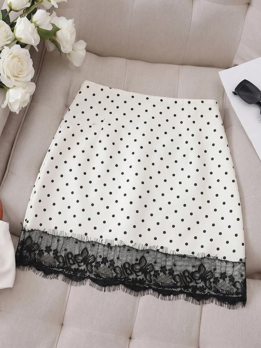SHEIN PariChic Chân váy ngắn chấm bi thanh lịch cho nữ, chân váy chấm bi mùa hè cho nữ, trang phục trắng mùa hè cho nữ, chân váy trắng, chân váy ngắn chấm bi gợi cảm, chân váy ren, chân váy thanh lịch, trang phục đi biển, chân váy ngắn dự tiệc cho nữ.