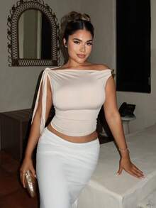 女士斜肩蝴蝶结衬衫 - 杏色 - 查看 1