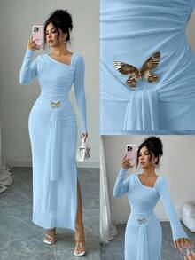 Elenzga Elenzya Women Summer Elegant Light Blue Long Sleeve Dress,Autumn Bar Party Chiffon Asymmetric Collar Waist Dress  Metal Butterfly Decor For Vacation - Baby Blue - View 1