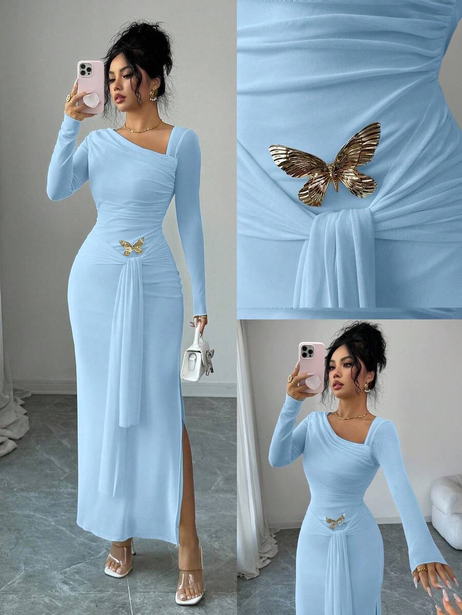 Elenzga Elenzya Women Summer Elegant Light Blue Long Sleeve Dress,Autumn Bar Party Chiffon Asymmetric Collar Waist Dress  Metal Butterfly Decor For Vacation - Baby Blue - View 1