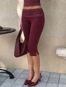 Women's Wine Red Polka Dot Print Skinny Leggings - Burgundy - View 6