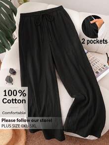 CosyJoli Quần ống rộng bằng cotton trơn màu dành cho nữ cỡ lớn, kiểu dáng thường ngày, có dây buộc eo. - màu đen - Xem 1