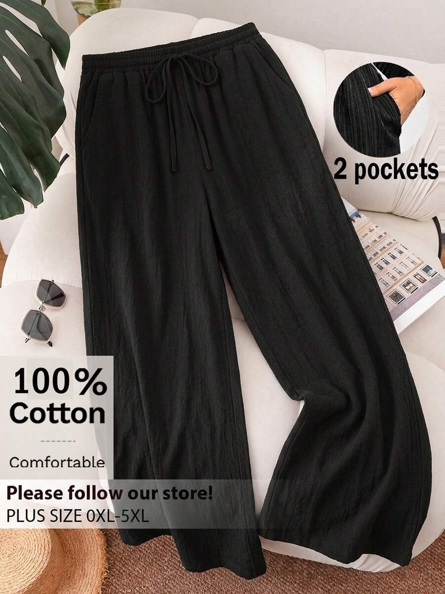 CosyJoli Quần ống rộng bằng cotton trơn màu dành cho nữ cỡ lớn, kiểu dáng thường ngày, có dây buộc eo. - màu đen - Xem 1