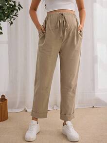 GentleRue Maternity Schlichte einfarbige Umstandsmode hose mit Kordelzug für den täglichen Gebrauch - Khaki - Übersicht 4