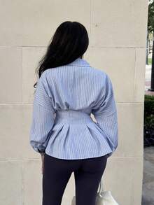 Alexandranx Women's Casual Striped Peplum Blouse With Bat Sleeves, Suitable For Work And Commute, Spring/Autumn Winter AllDayElegance Blue - Blue - View 2