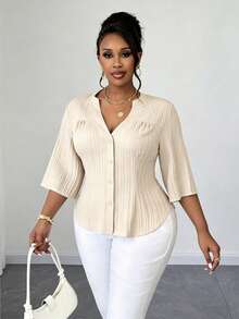 Plus Size Women's Solid Color Commuter Minimalist Notched Neck Half Sleeve Elegant Cardigan Casual Blouse, Spring/Autumn - Apricot - View 3