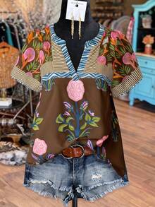 SHEIN JORESS Plus Size Women's Color Block Floral Print & Striped V-Neck Short Sleeve Casual Blouse, Vintage Chic For Commute, Vacation, Daily Wear, Spring/Summer - Brown - View 1