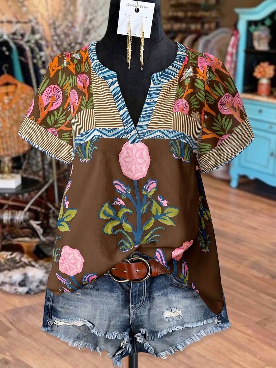 SHEIN JORESS Plus Size Women's Color Block Floral Print & Striped V-Neck Short Sleeve Casual Blouse, Vintage Chic For Commute, Vacation, Daily Wear, Spring/Summer - Brown - View 1