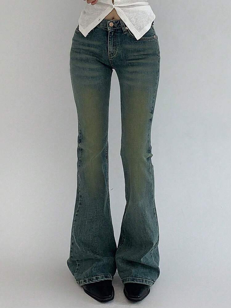 Women Fitted Washed Distressed Flared Flared Jeans, Autumn